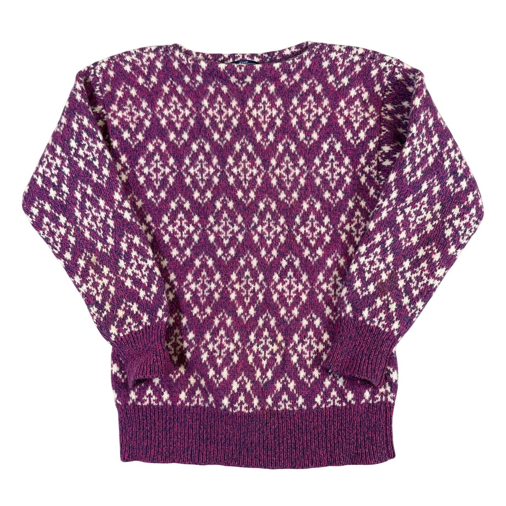 Woolrich Vintage Fair Isle Diamond Knit Sweater Magenta Purple Cream Crewneck M